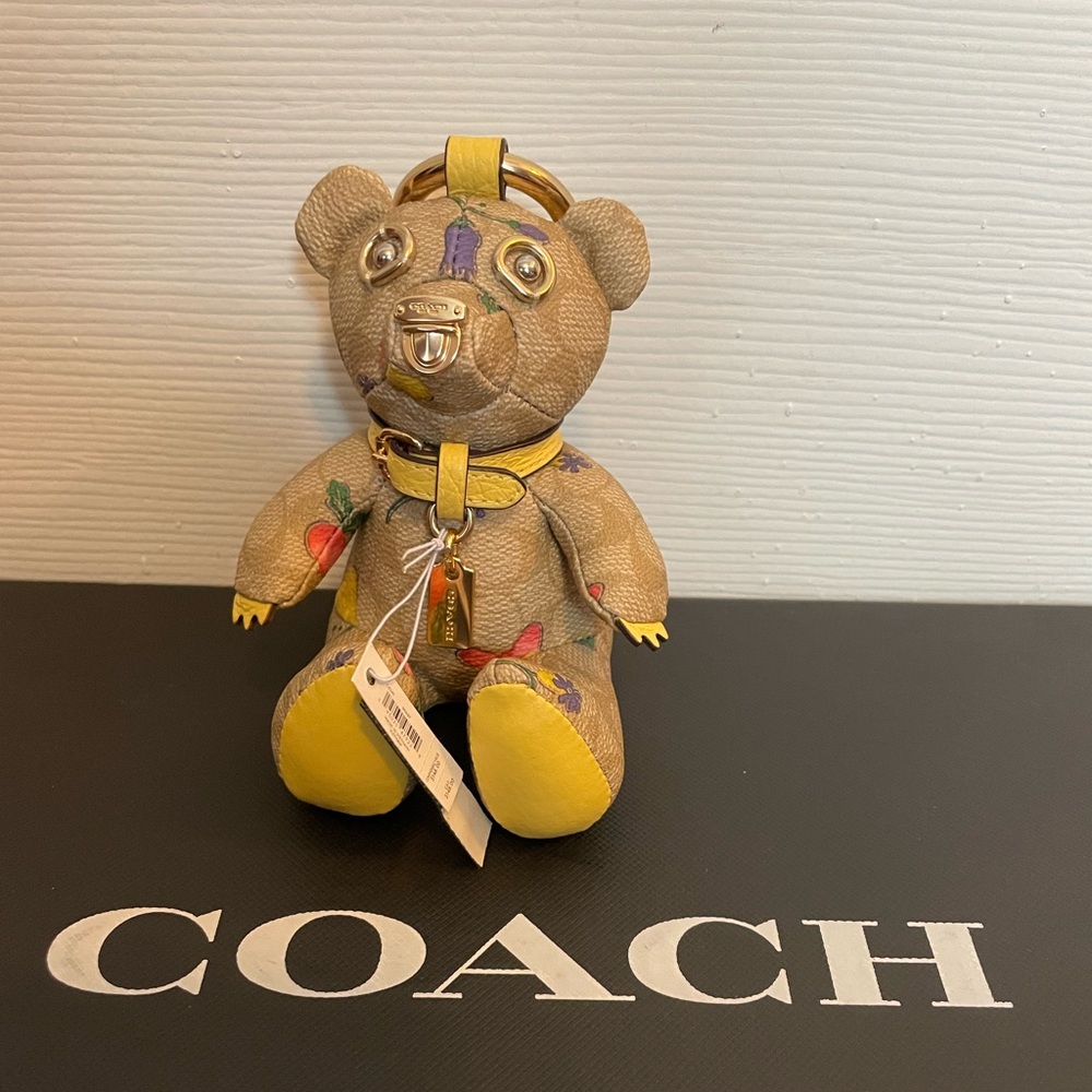 Coach Signature Tan Bear Bag Charm/Keychain with Floral and  Yellow Details